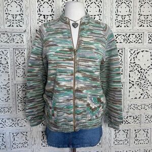 Handmade Knit Green & Brown Earthy Boho Chunky Full Zip‎ Up Cardigan Sz S/M